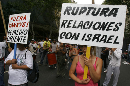 Members of antiwar groups take part in a protest against the Israeli operation in Gaza strip in Buenos Aires, Argentina, on January 30, 2009.