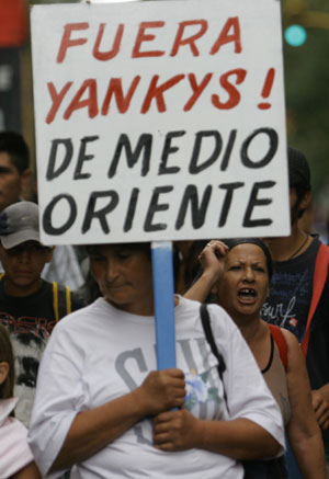 Members of antiwar groups take part in a protest against the Israeli operation in Gaza strip in Buenos Aires, Argentina, on January 30, 2009.