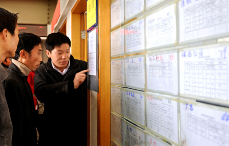 Liu Junfeng(R), stuff of a human resource market, introduces job information to migrant workers in Hangzhou, capital of east China's Zhejiang Province, on January 31, 2009.