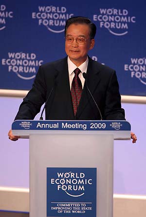 Chinese Premier Wen Jiabao speaks at the World Economic Forum annual meeting, in Davos, Switzerland, on January 28, 2009. 