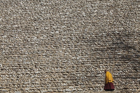 An ethnic Tibetan monk walks in front of stones shortly before they will be covered by a giant thangka, a sacred painting on cloth, to be displayed on a hill outside a monastery in Tongren, northwest China's Qinghai province Monday February 2, 2009. 