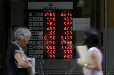 Pedestrians walk past an electronic board showing the exchange rate of Argentina Peso on February 4, 2009. [Xinhua]