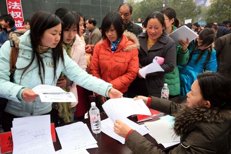 People seek for job information at the job fair for migrant workers held in Zhijiang City, central China's Hubei Province, on February 3, 2009. Some 3,100 job vacancies were provided to migrant workers at the job fair.