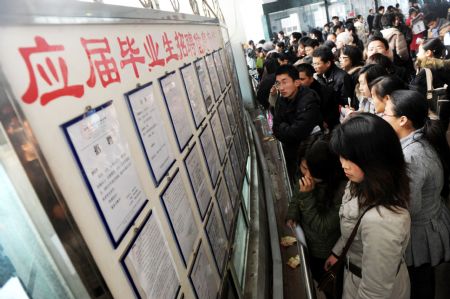 Job hunters look at a bulletin showing job information at a job fair in Qingdao, east China's Shandong Province, on February 5, 2009. More than 30,000 graduates and postgraduates attended the job fair on Thursday.