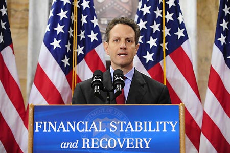 US Treasury Secretary Timothy Geithner speaks at a press conference in Washington, the United States, on February 10, 2009. The Obama administration Tuesday unveiled a new financial bailout package to restore the US ailing financial system. 