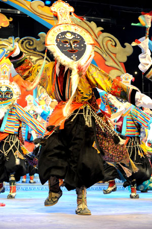 Actors perform Tibetan Opera during a dress rehearsal of the evening party held by Lhasa TV station for the upcoming new year of Tibetan calendar which falls on February 25, in Lhasa, capital of southwest China's Tibet Autonomous Region, on February 10, 2009.