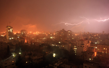 Lightning flashes above Gaza city as the first rain of this year starts to fall on February 10, 2009. 