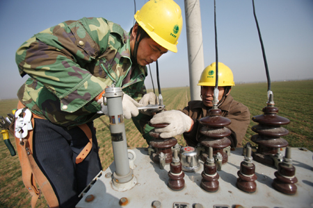 Workers install a temporary electric transformer for anti-drought in Baofeng, central China's Henan Province, on February 11, 2009. 