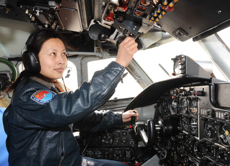 Female pilot Wang Yaping prepares to take off for anti-drought work in Weifang, east China's Shandong Province, on February 11, 2009. 