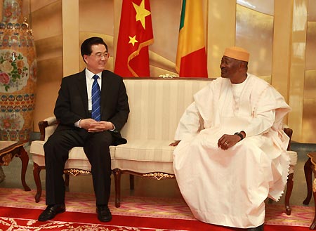 Chinese President Hu Jintao (L) meets with Malian President Amadou Toumany Toure in Bamako, Mali, on February 12, 2009.