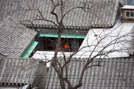 Snow is seen on roofs in Beijing, capital of China, on February 17, 2009. 