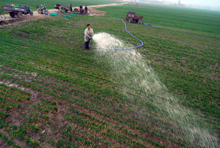 A villager pumps water to irrigate his wheat farmland at Hancun Township in Huaibei City, east China's Anhui Province, on February 17, 2009. Local residents continue to water their wheat seedlings to ensure the growth after the most severe drought hit northern and eastern China in half a century. 