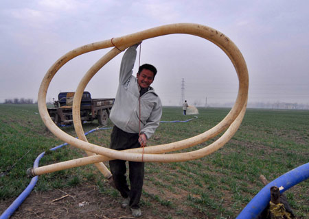 A local villager collects plastic water pipe after he irrigated his wheat farmland for the second time at Hancun Township in Huaibei City, east China's Anhui Province, on February 17, 2009. Local residents continue to water their wheat seedlings to ensure the growth after the most severe drought hit northern and eastern China in half a century. 