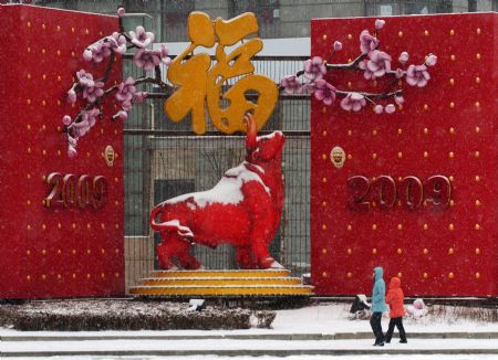 Two Chinese walk past an ox statue during a snowfall in the costal city of Dalian, northeast China's Liaoning Province, on February 18, 2009. Rain and snowfall have helped ease a severe drought in northern and eastern China.