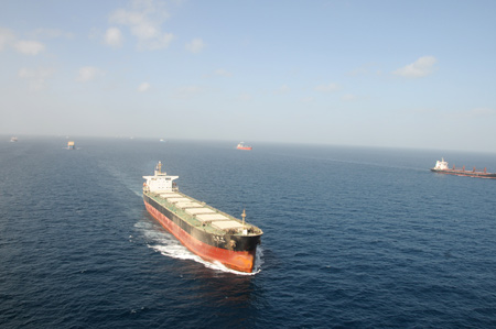 Photo taken on February 17, 2009 shows the grand view of merchant vessels escorted by the Chinese naval fleet in the Gulf of Aden.