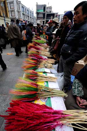 Colored spikes, which are necessary tools for the Tibetan New Year, are on sale at a market in Lhasa, capital of southwest China's Tibet Autonomous Region, on February 22, 2009. 