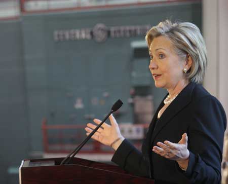 US Secretray of State Hillary Clinton speaks during her visit to the Beijing Taiyanggong Gas-fueled Thermal Power Co., Ltd. (Taiyanggong Power Plant) of the Beijing Energy Investment Co., Ltd. in Beijing, capital of China, on February 21, 2009. 