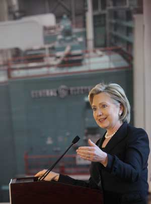 US Secretray of State Hillary Clinton speaks during her visit to the Beijing Taiyanggong Gas-fueled Thermal Power Co., Ltd. (Taiyanggong Power Plant) of the Beijing Energy Investment Co., Ltd. in Beijing, capital of China, on February 21, 2009.