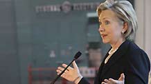 US Secretray of State Hillary Clinton speaks during her visit to the Beijing Taiyanggong Gas-fueled Thermal Power Co., Ltd. (Taiyanggong Power Plant) of the Beijing Energy Investment Co., Ltd. in Beijing, capital of China, on February 21, 2009.