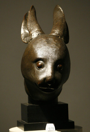 The bronze rabbit head is displayed during the exhibition of the private art collection of French fashion designer Yves Saint Laurent and his partner Pierre Berge at the Grand Palais in Paris on February 21, 2009. 