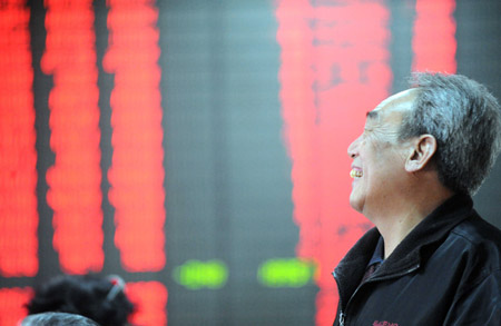 A stock holder reacts in front of a board displaying stocks index in Beijing, capital of China, on February 23, 2009. Chinese equities gained almost 2 percent on Monday as investors expected more stimulus policy on property sector, analysts said. The benchmark Shanghai Composite Index climbed 1.96 percent, or 44.3 points, to 2,305.78. The Shenzhen Component Index was up 3.61 percent to 8,727.7 points. 
