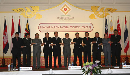 Participants of the Association of Southeast Asian Nations (ASEAN) Foreign Minister's Informal Meeting pose for a group photo at Hua Hin, Thailand, on February 27, 2009. The informal meeting of Foreign ministers of the 14th Summit of ASEAN opened on Friday.