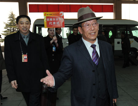 Deputies to the Second Session of the 11th National People's Congress (NPC) from southwest China's Tibet Autonomous Region arrive in Beijing, China, on March 2, 2009. The Second Session of the 11th NPC is scheduled to open on March 5. 