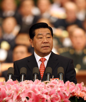 Jia Qinglin, chairman of the National Committee of the Chinese People's Political Consultative Conference (CPPCC), delivers a report on the work of the CPPCC National Committee's Standing Committee at the Great Hall of the People in Beijing, capital of China, March 3, 2009.