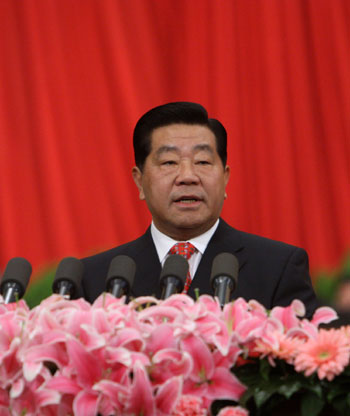 Jia Qinglin, chairman of the National Committee of the Chinese People's Political Consultative Conference (CPPCC), delivers a report on the work of the CPPCC National Committee's Standing Committee at the Great Hall of the People in Beijing, capital of China, on March 3, 2009. The Second Session of the 11th CPPCC National Committee opens on Tuesday. 