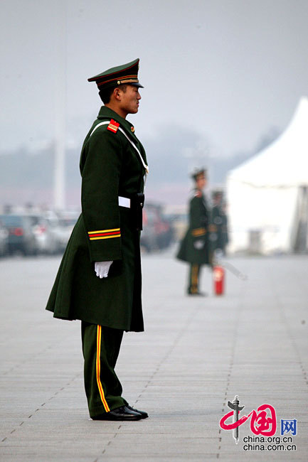 Armed police are on guard on the Tian'anmen Square. The Second Session of the 11th National Committee of the Chinese People's Political Consultative Conference (CPPCC), the country's top advisory body, will start in the Great Hall of the People in Beijing Tuesday afternoon. 