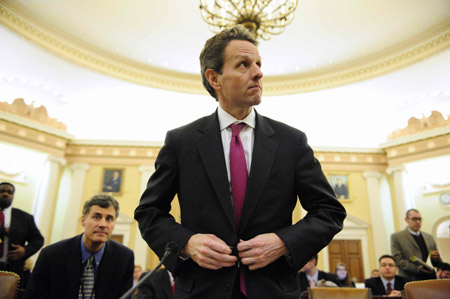 US Treasury Secretary Timothy Geithner arrives to testify before the House Ways and Means Committee on an overview of Obama administration's FY2010 budget on Capitol Hill, Washington, D.C., on March 3, 2009.