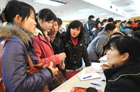 Job seekers (L) talk to an employee during a job fair in Nanjing, capital of east China's Jiangsu Province, on March 5, 2009. The job fair was organized by local branch of the All-China Women's Federation and only accepted female job seekers as a measure to help more women get employed.