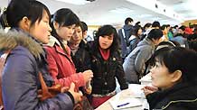 Job seekers (L) talk to an employee during a job fair in Nanjing, capital of east China's Jiangsu Province, on March 5, 2009. The job fair was organized by local branch of the All-China Women's Federation and only accepted female job seekers as a measure to help more women get employed.