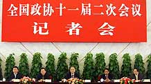 (From L to R) Wang Wenbiao, Li Deshui, Li Yining, Chen Xiwen and Fang Fang, members of the 11th National Committee of the Chinese People's Political Consultative Conference (CPPCC), attend a press conference on proposals for promoting steady and relatively rapid economic growth held by the Second Session of the 11th National Committee of the CPPCC at the Great Hall of the People in Beijing, capital of China, on March 6, 2009.