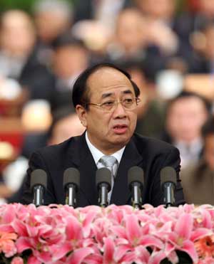 Zhao Qizheng, member of the 11th National Committee of the Chinese People's Political Consultative Conference (CPPCC), speaks at the third plenary meeting of the Second Session of the 11th National Committee of the CPPCC held at the Great Hall of the People in Beijing, capital of China, on March 8, 2009. 