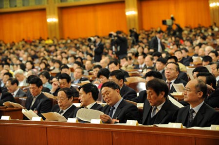 The fourth plenary meeting of the Second Session of the 11th National Committee of the Chinese People&apos;s Political Consultative Conference (CPPCC) is held at the Great Hall of the People in Beijing, capital of China, on March 9, 2009. 