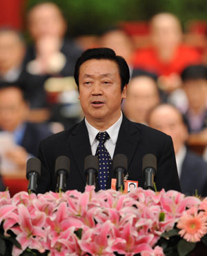 President of China's Supreme People's Court Wang Shengjun delivers a report on the work of the Supreme People's Court during the third plenary meeting of the Second Session of the 11th National People's Congress (NPC) at the Great Hall of the People in Beijing, capital of China, on March 10, 2009. 