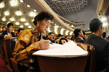 The third plenary meeting of the Second Session of the 11th National People's Congress (NPC) is held at the Great Hall of the People in Beijing, capital of China, on March 10, 2009. 