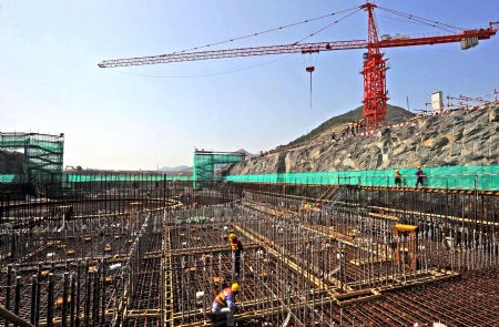 Picture taken on March 15, 2009 shows a construction site of the Sanmen Nuclear Power Project (NPP) in east China's Zhejiang Province. The first phase of the Sanmen NPP is now ready for startup. 