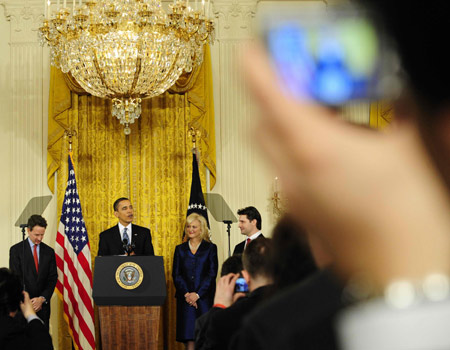US President Barack Obama delivers remarks to small business owners, community lenders and members of Congress at the White House in Washington on March 16, 2009.