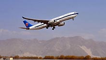 The air bus A330-300 of China Southern Airlines on its high-precision-navigation test flight takes off at the Lhasa Gonggar Airport, on March 18, 2009.