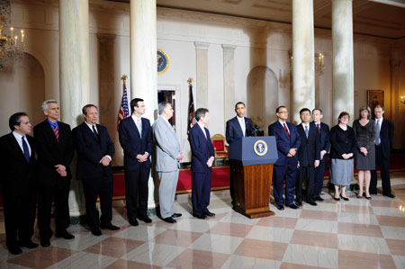 US President Barack Obama speaks about the American automotive industry in the Grand Foyer at white house in Washinton, on March 30, 2009.