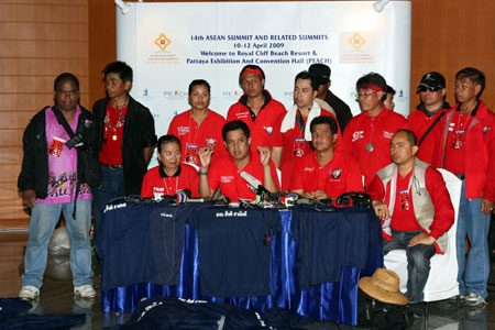 Anti-government 'red-shirted' protestors hold a news conference at the venue of the ASEAN summit and related summits in Pattaya, Thailand, on April 11, 2009.