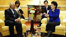 Visiting Chinese State Councilor Liu Yandong (R) meets with former US Secretary of State Colin Powell in Washington on April 17, 2009.