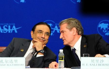 Pakistani President Asif Ali Zardari (L) and Albanian Prime Minister Sali Berisha attend the opening plenary of Boao Forum for Asia (BFA) Annual Conference 2009 in Boao, a scenic town in south China's Hainan Province, on April 18, 2009. The BFA Annual Conference 2009 opened here on Saturday with the theme of 'Asia: Managing Beyond Crisis.' 