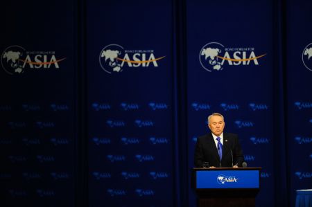 Kazakhstan's President Nursultan Nazarbayev addresses the opening plenary of Boao Forum for Asia (BFA) Annual Conference 2009 in Boao, a scenic town in south China's Hainan Province, on April 18, 2009. The BFA Annual Conference 2009 officially opened here on Saturday, focusing on the role of Asian countries, especially emerging economies in this region, amid the global financial crisis.