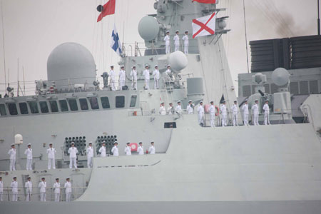 A naval warship is seen during a naval parade of the Chinese People's Liberation Army (PLA) Navy warships and aircraft in waters off China's port city of Qingdao, east China's Shandong Province, on April 23, 2009.