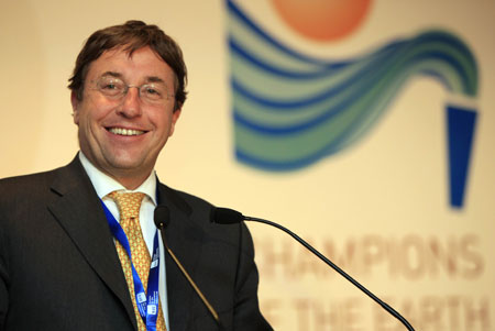Achim Steiner, under-secretary general of the United Nations and executive director of the UN environment programme (UNEP), addresses the awarding ceremony of Champion of the Earth in Paris, on April 22, 2009. The annual prize, established in 2004, rewards individuals who have made a notable contribution to the protection and sustainable management of the Earth's environment and natural resources.
