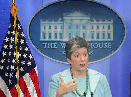 US Homeland Security Secretary Janet Napolitano speaks during a news briefing on the swine flu outbreak at White House in Washington, capital of the United States, on April 26, 2009. The US declared a public health emergency Sunday amid an outbreak of 20 confirmed cases of swine flu. 