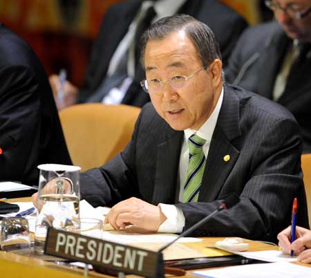 The United Nations (UN) Secretary-general Ban Ki-moon addresses a special high-level meeting at the UN headquarters in New York, the United States, on April 27, 2009. 